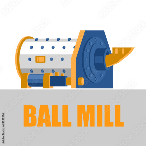Ball mill, color image in flat style. Industrial concept, mining and processing industry. Vector illustration