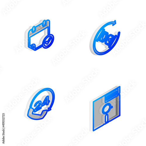 Set Isometric line Waiting, Calendar with check mark, Telephone 24 hours support and Floppy disk the 5.25-inch icon. Vector.