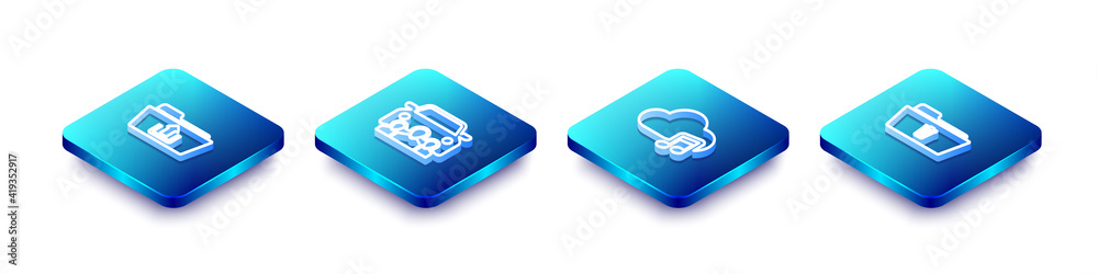 Set Isometric line Folder upload, Car sharing, Music streaming service and Delete folder icon. Vector. Set Isometric line Folder upload, Car sharing, Music streaming service and Delete folder icon. Vector.