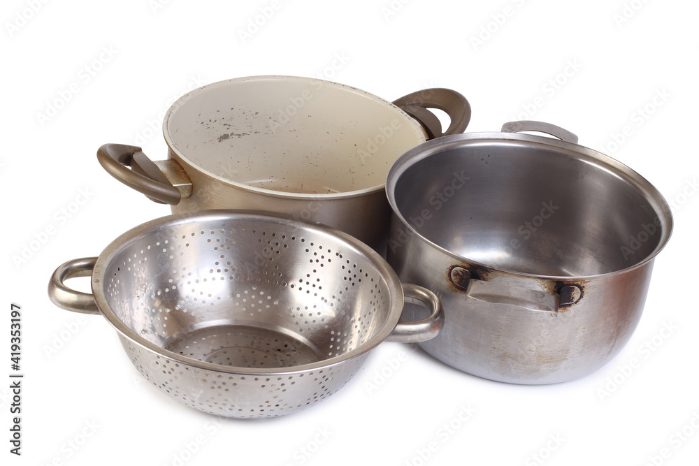 Old metal bowl. Isolated object on white background