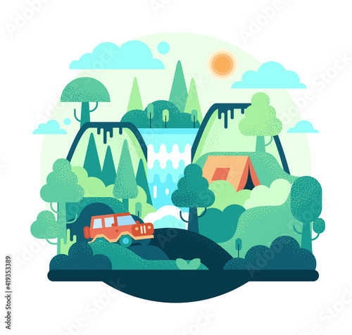 Cartoon illustration in flat style with tent, car, mountains, forest and waterfall. Background for summer camp, nature tourism, camping or hiking design concept. 