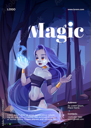 Cartoon poster with magic woman, nymph looking on wizard fire on hand. Beautiful witch wear loincloth and top, wrapped into long hair admire of magical sparkling blaze at night, vector illustration