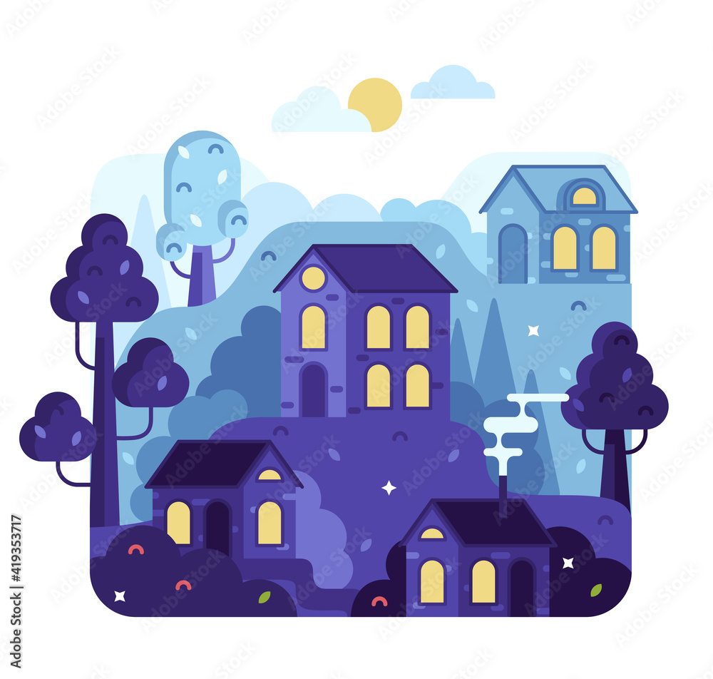 Small Town, houses with lights on in the windows - flat cartoon 2d illustration