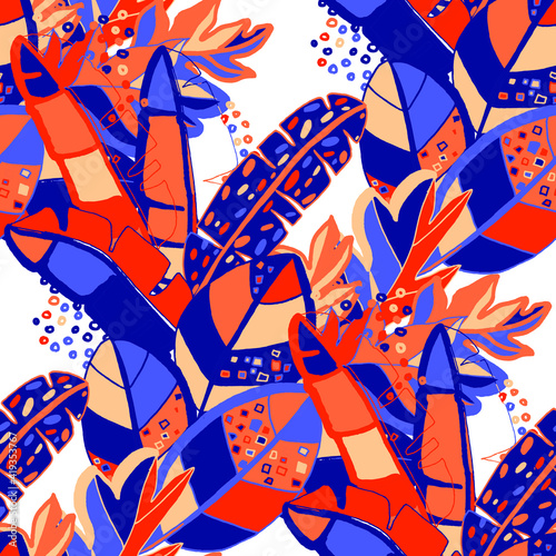 Creative seamless pattern with abstract tropical leaves. Hippie style. Colorful spring or summer background. Trendy botanical swimwear design. Fashion print for textile. 