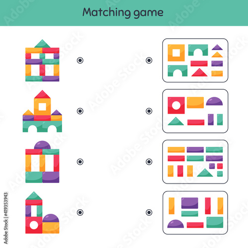 Matching game. Building blocks for kids. Worksheet for kids kindergarten, preschool and school age.