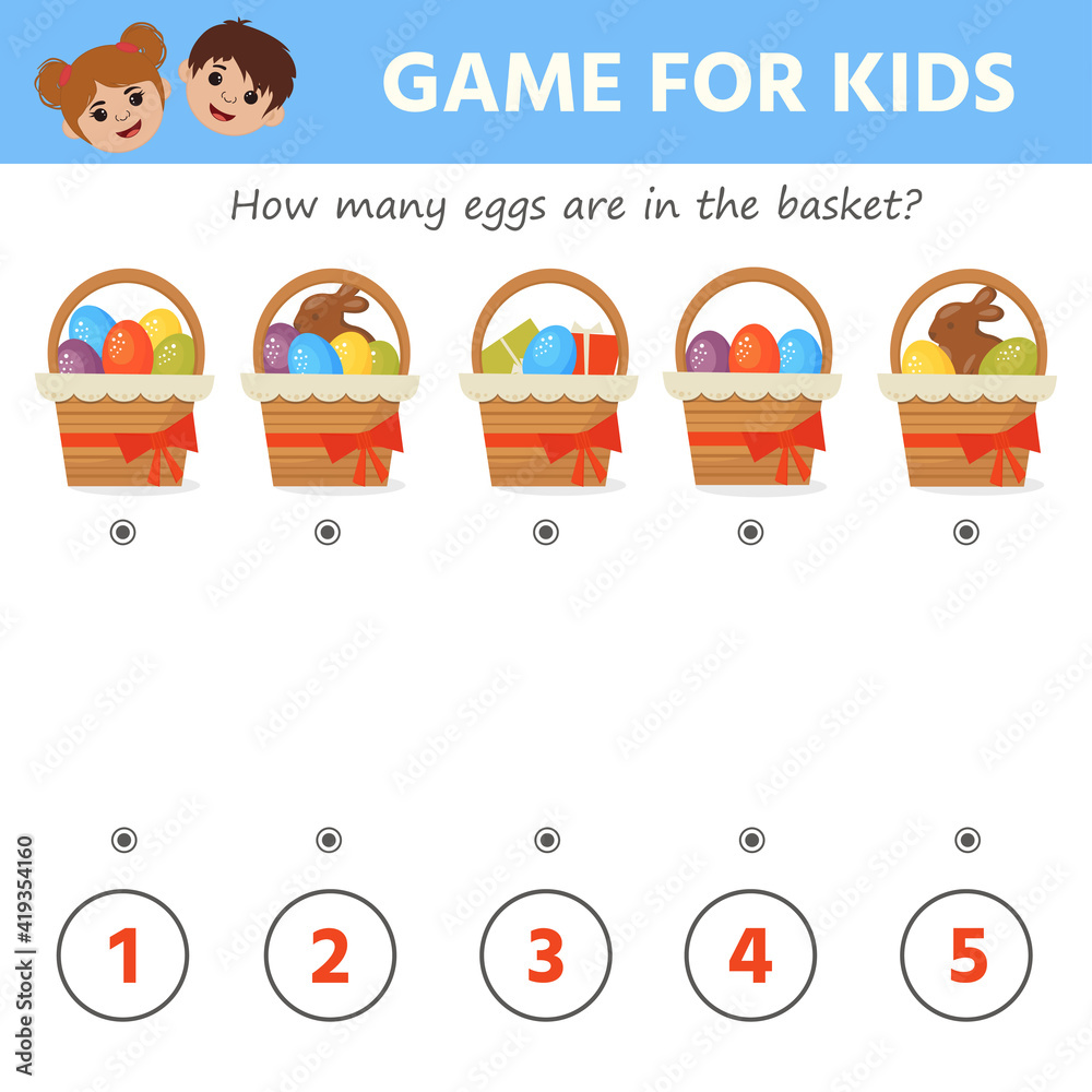 Education game for kids. Count the eggs in the basket. Easter