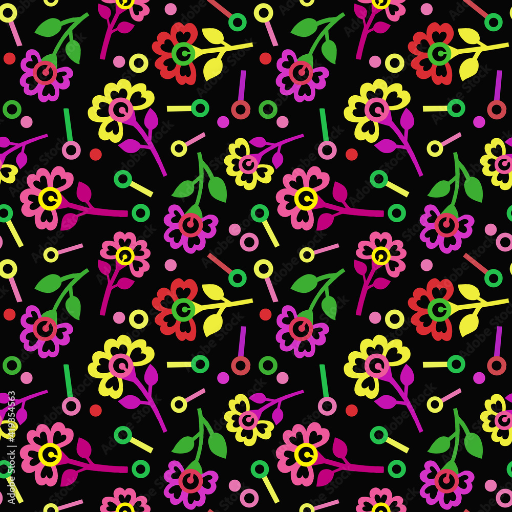 Multicolored seamless pattern with abstract flowers on a dark background