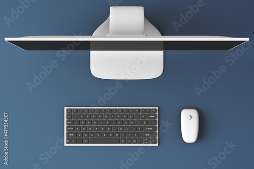 Workplace. Monitor, keyboard and computer mouse. Top view. Office topics