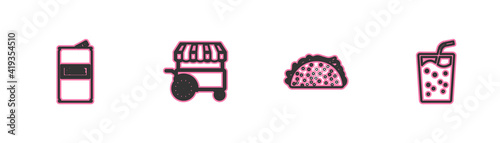 Set line Beer can, Taco with tortilla, Fast street food cart and Glass water icon. Vector.