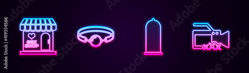 Set line Sex shop building, Silicone ball gag, Condom safe sex and Video camera with. Glowing neon icon. Vector.