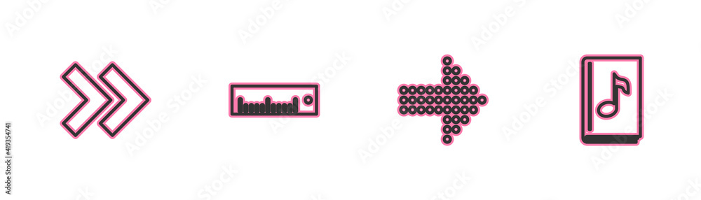 Set line Arrow, Dots arrow, Ruler and Audio book icon. Vector. Set line Arrow, Dots arrow, Ruler and Audio book icon. Vector.