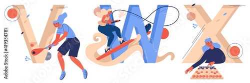 Sport letters V for vigoro, W for wakeboarding and X for xiangqi or chinese chess. Educational collection with active women training and playing
