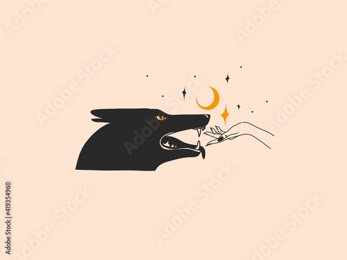 Hand drawn vector abstract stock flat graphic illustration with logo elements ,woman fashion magic line art hands touch moon and wolf in simple style for branding ,isolated on color background