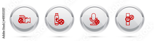 Set line Video camera service, USB flash drive, Microphone and Wrist watch. Silver circle button. Vector.