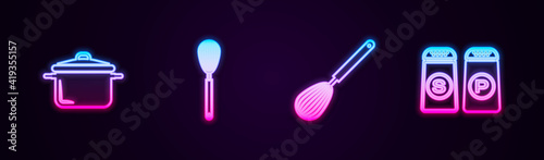 Set line Cooking pot, Kitchen whisk, and Salt and pepper. Glowing neon icon. Vector.
