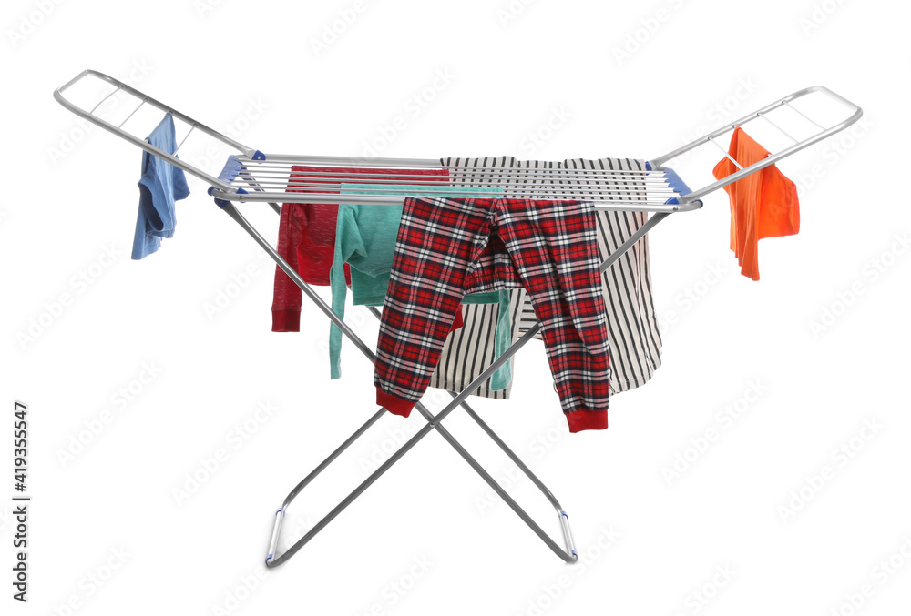 Modern drying rack with clothes on white background Modern drying rack with clothes on white background