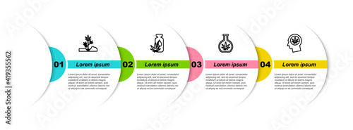 Set line Planting marijuana, Marijuana or cannabis leaf oil, Test tube with and Head profile. Business infographic template. Vector.