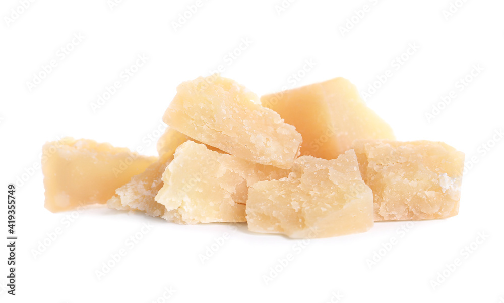 Pieces of delicious parmesan cheese on white background Pieces of delicious parmesan cheese on white background