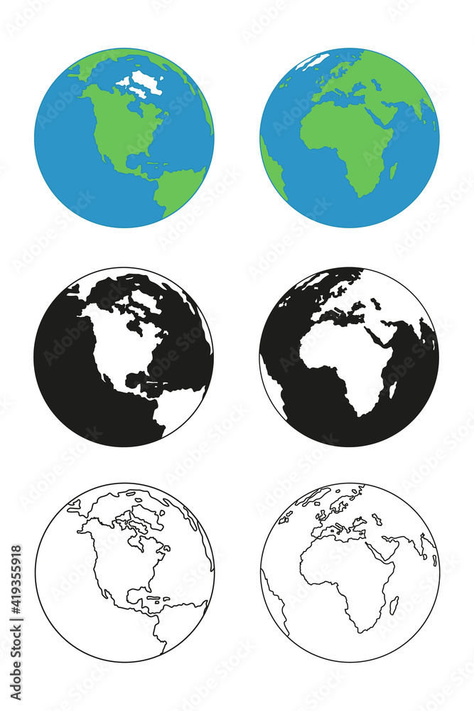 Obraz Earth globe icons. earth hemispheres with continents. vector world map set.