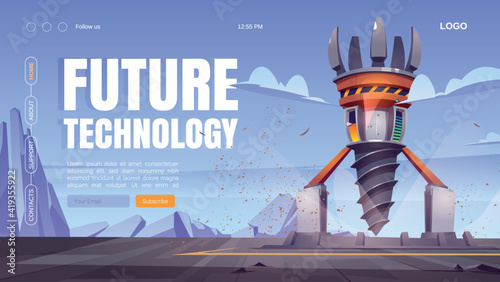 Future technology cartoon landing page with futuristic drilling rig, drill ship for exploration and mining. Landscape with platform and derrick with auger, spaceship for bore ground, Vector web banner