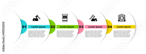 Set line Wooden axe and wood, Open matchbox matches, and Rafting boat. Business infographic template. Vector.