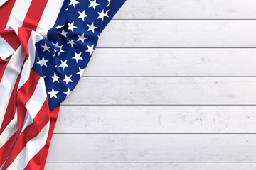 Labor Day, American flag on a wooden table.