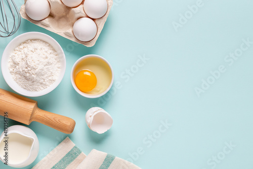 Baking or cooking background. Ingredients, kitchen items for baking. photo