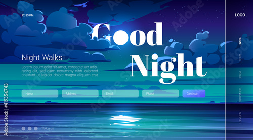 Good night walks cartoon landing page with full moon in sky with stars fluffy clouds above ocean water reflecting moonlight way. Romantic nighttime promenade at midnight landscape vector web banner