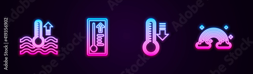 Set line Water thermometer, Meteorology, and Rainbow with clouds. Glowing neon icon. Vector.