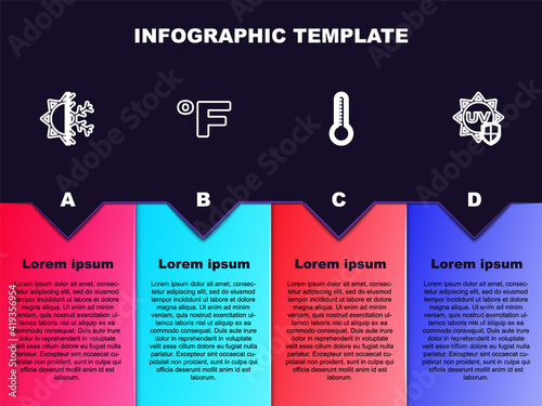Set line Sun and snowflake, Fahrenheit, Meteorology thermometer and UV protection. Business infographic template. Vector.