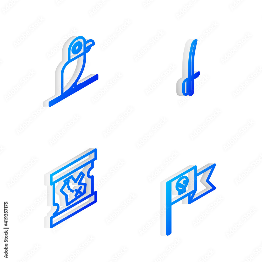 Set Isometric line Pirate sword, parrot, treasure map and flag with skull icon. Vector. Set Isometric line Pirate sword, parrot, treasure map and flag with skull icon. Vector.