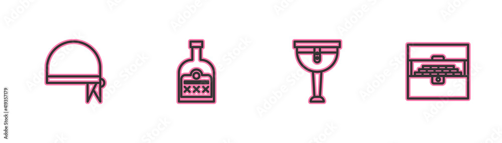 Set line Pirate bandana for head, Wooden pirate leg, Alcohol drink Rum bottle and Antique treasure chest icon. Vector. Set line Pirate bandana for head, Wooden pirate leg, Alcohol drink Rum bottle and Antique treasure chest icon. Vector.