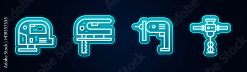 Set line Electric jigsaw, , drill machine and Construction jackhammer. Glowing neon icon. Vector.