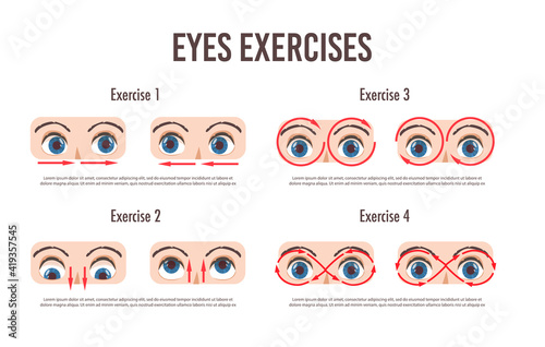 Eye exercise set. Movement for eyes relaxation. Eyeball, eyelash and brow.