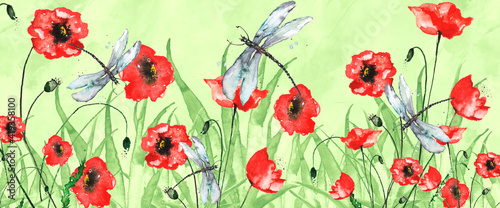 Watercolor Frame of Red poppy  branch. Vintage drawing plant. Card with Red poppy flowers. Garden flowers. Thickets of grass. For logo  card  design frame.Banner.A dragonfly flies over the clearing. 