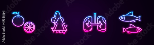 Set line Orange fruit, Runny nose, Lungs and Fish. Glowing neon icon. Vector.