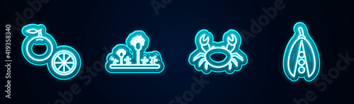 Set line Orange fruit, Mold, Crab and Kidney beans. Glowing neon icon. Vector.