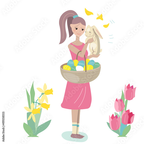Young girl standing with basket of painted eggs, with daffodils, tulips and birds around her. Easter spring illustration can be used as festive design template.