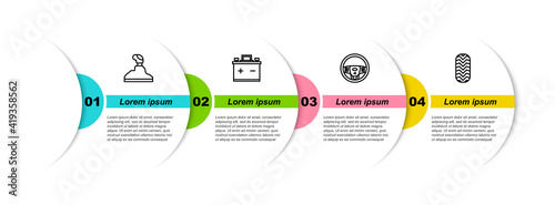 Set line Gear shifter, Car battery, Steering wheel and tire. Business infographic template. Vector.