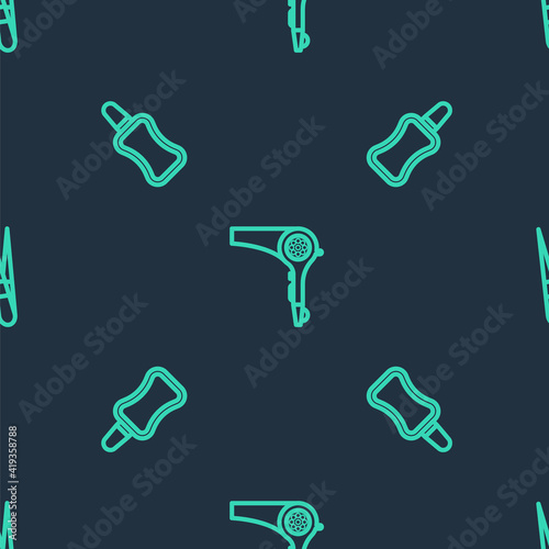 Set line Hair dryer, Nail polish bottle and Eyebrow tweezers on seamless pattern. Vector.