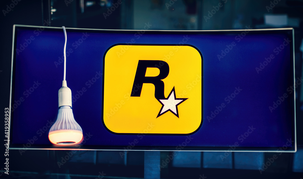 monitor logo Rockstar Games software house producer of video games, famous  for Grand Theft Auto and Red Dead Redemption Stock Photo