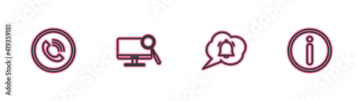 Set line Phone call, Speech bubble chat notification, Computer monitor diagnostics and Information icon. Vector.
