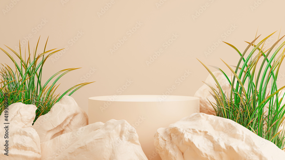 3d render of cylinder podium with rock for product display