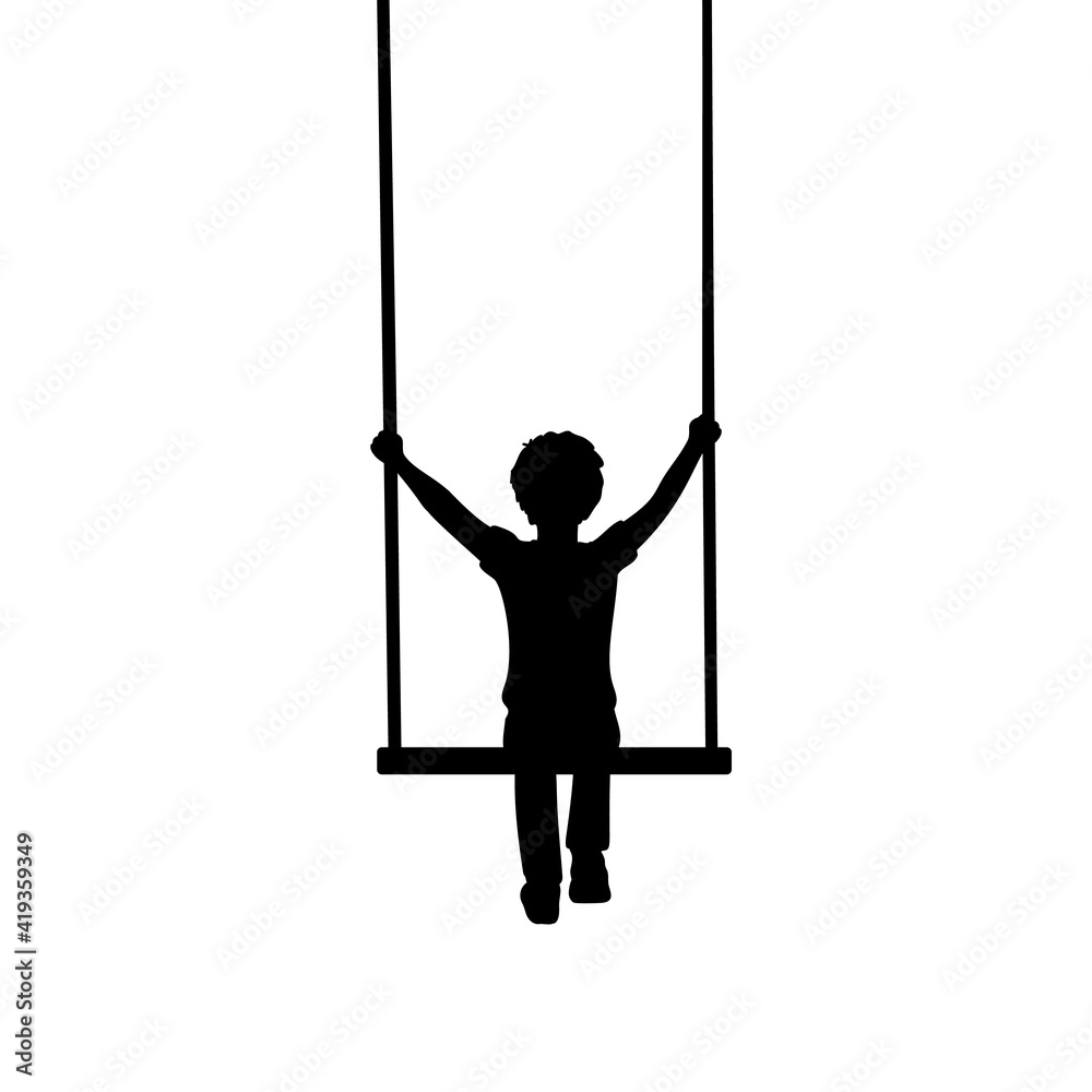 Silhouette little boy sitting on swing behind - obrazy, fototapety, plakaty 