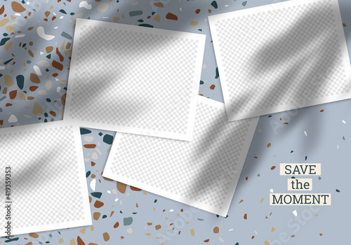 Trendy Template Poster for Social Networks Posts. Vector Collage with Photo Frames with Leaves Shadow Overlays on Terrazzo Background. Editable Background Design for Brand Social Media.