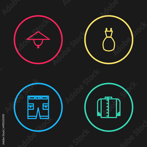 Set line Short or pants, T-shirt, Woman dress and Asian conical hat icon. Vector.