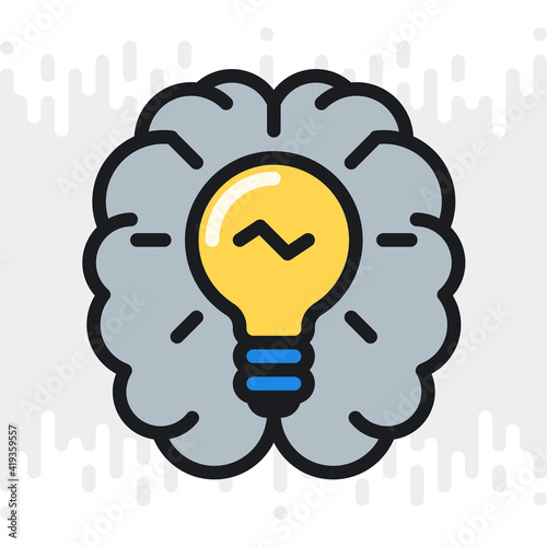 Inspiration or imagination icon. Human brain with a light bulb inside. Simple color version on a light gray background