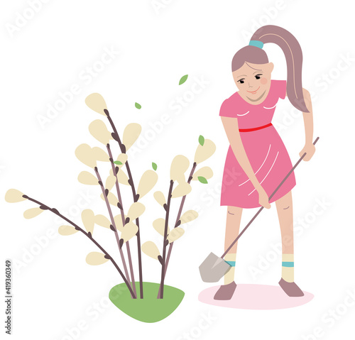 Young girl planting pussy willow  at spring for Easter holiday. Illustration can be used for Easter and festive templates.