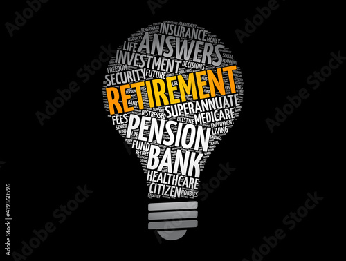 Retirement light bulb word cloud collage, concept background