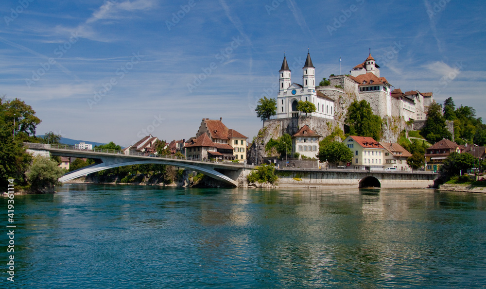 town with river, bridge and church on the rock / Aarburg, Switzerland